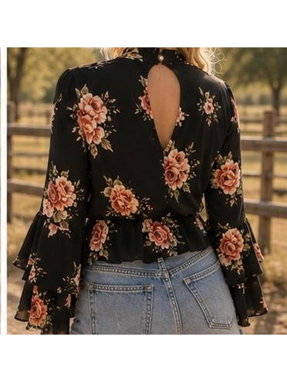 Black Floral Choker Neck Blouse with Bell Sleeves – Size S - Picture 2 of 8